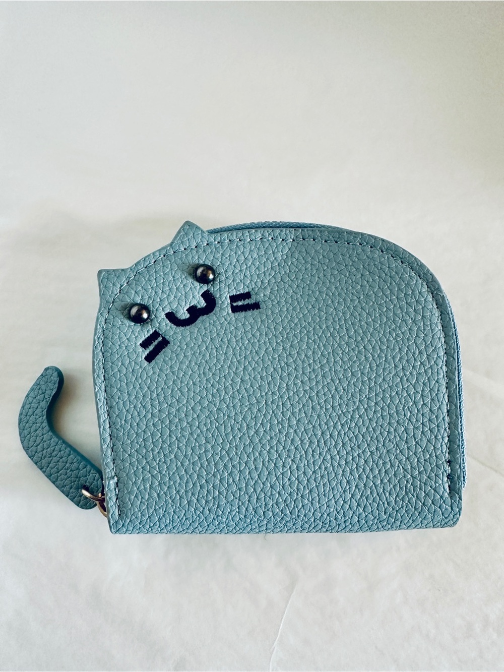 Cute Cat Zip Card Holder in Dusty Teal